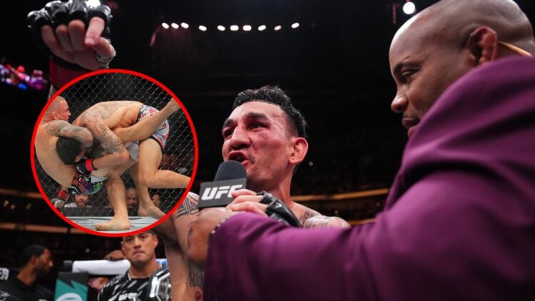 Max Holloway speaking to Daniel Cormier at UFC 318, inset of Dustin Poirier attempting guillotine submission
