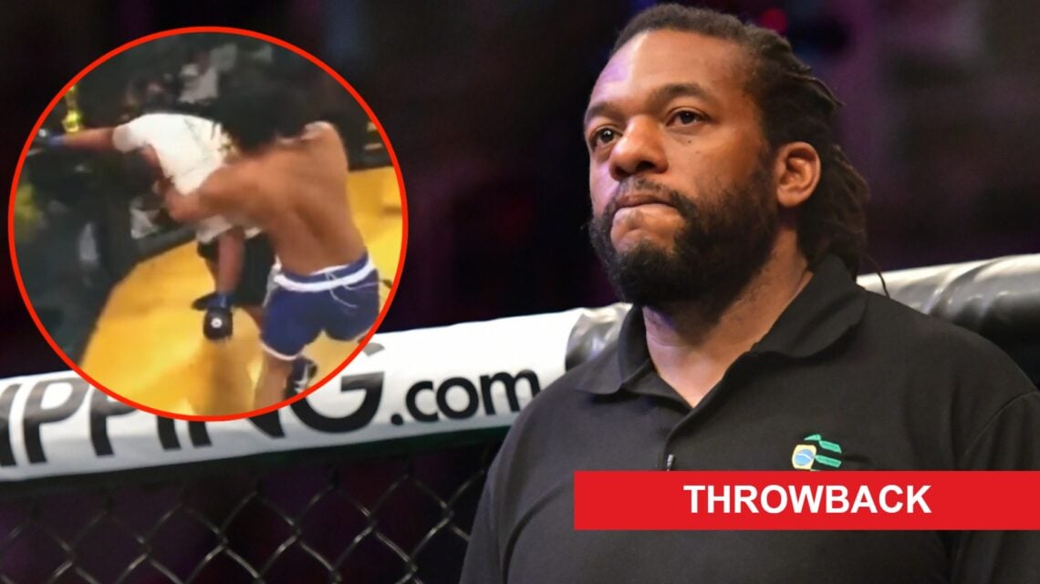 Herb Dean looks on before officiating Deiveson Figueiredo vs. Brandon Moreno 4 at UFC 283, inset Dean punching Tim Mendoza.