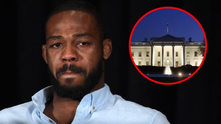Jon Jones cries at a UFC press conference, inset exterior view of the White House.