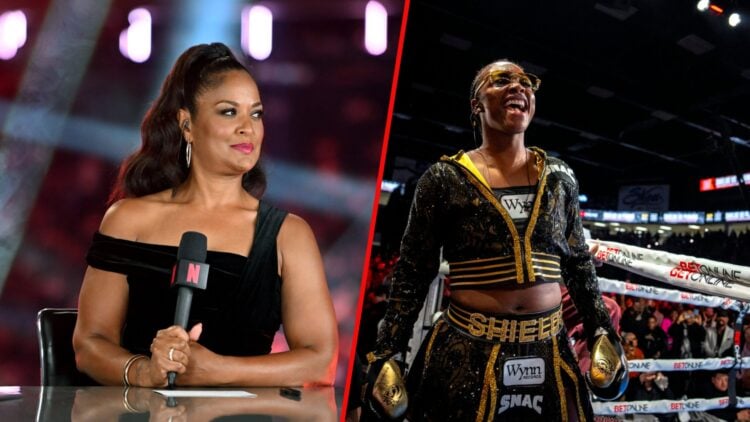 Laila Ali doing Netflix analysis in a black dress (left), Claressa Shields in boxing ring walk gear including green glasses celebrating at ringside...