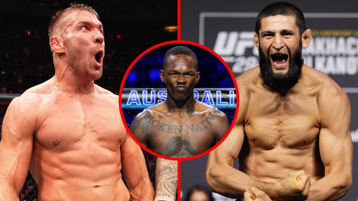 Dricus du Plessis reacts after beating Sean Strickland at UFC 312, Khamzat Chimaev poses at the UFC 294 ceremonial weigh-ins, inset Israel Adesanya...