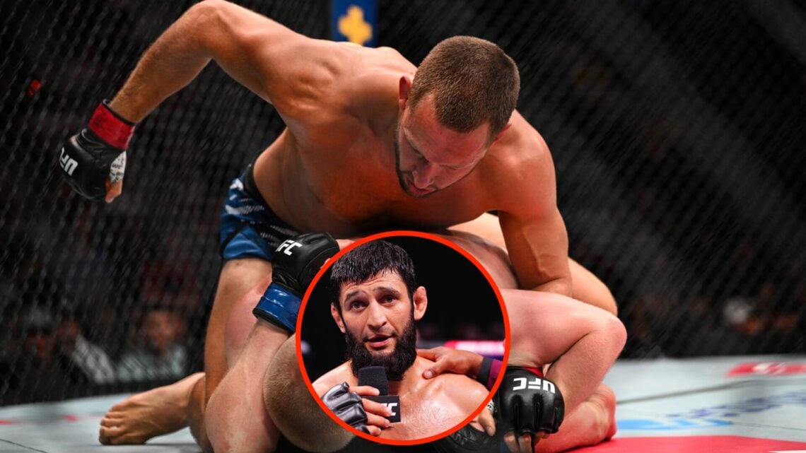 Reinier De Ridder lands ground-and-pound on Bo Nickal during UFC fight with an inset of Khamzat Chimaev talking following his UFC 308 win