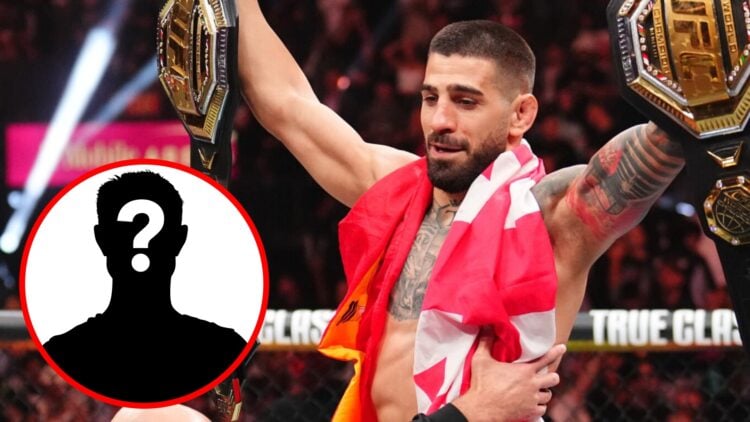Ilia Topuria celebrates his UFC 317 win over Charles Oliveira by holding up two UFC titles, inset mystery icon