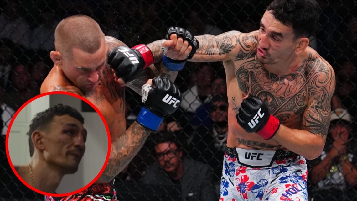 Max Holloway punches Dustin Poirier at UFC 318, inset Holloway watches back his UFC 318 fight