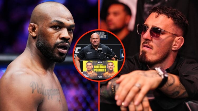 Jon Jones staring down Ciryl Gane ahead of their UFC title fight split with Tom Aspinall in attendance at UFC 317 with an inset of Dana White durin...