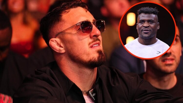 Tom Aspinall in attendance at UFC 317 with an inset of Francis Ngannou during open workouts ahead of his fight against Tyson Fury