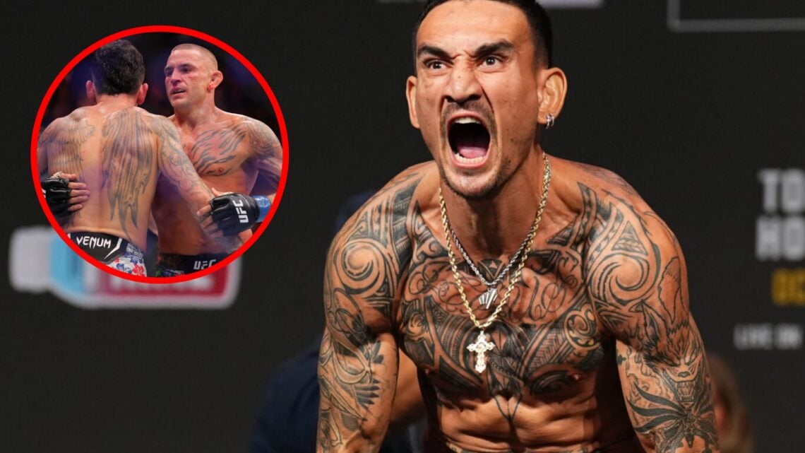 Max Holloway poses on the scales at the UFC 308 ceremonial weigh-ins, inset Dustin Poirier and Holloway embrace after UFC 318