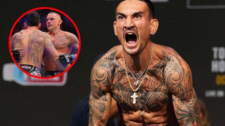 Max Holloway poses on the scales at the UFC 308 ceremonial weigh-ins, inset Dustin Poirier and Holloway embrace after UFC 318