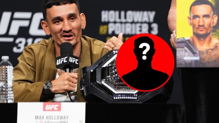 Max Holloway at the UFC 318 press conference, with mystery inset
