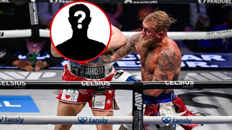 Jake Paul punches Julio Cesar Chavez Jr during their fight, with mystery box overlaid
