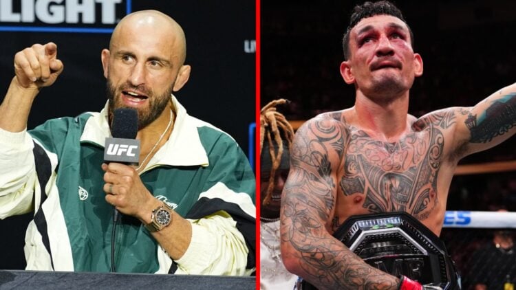 Alexander Volkanovski speaks at the UFC 314 press conference, Max Holloway gets his hand raise after winning at UFC 318.