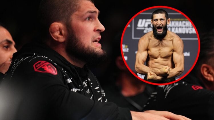 Khabib Nurmagomedov coaching from the corner at UFC 311, Khamzat Chimaev flexes on the scale.