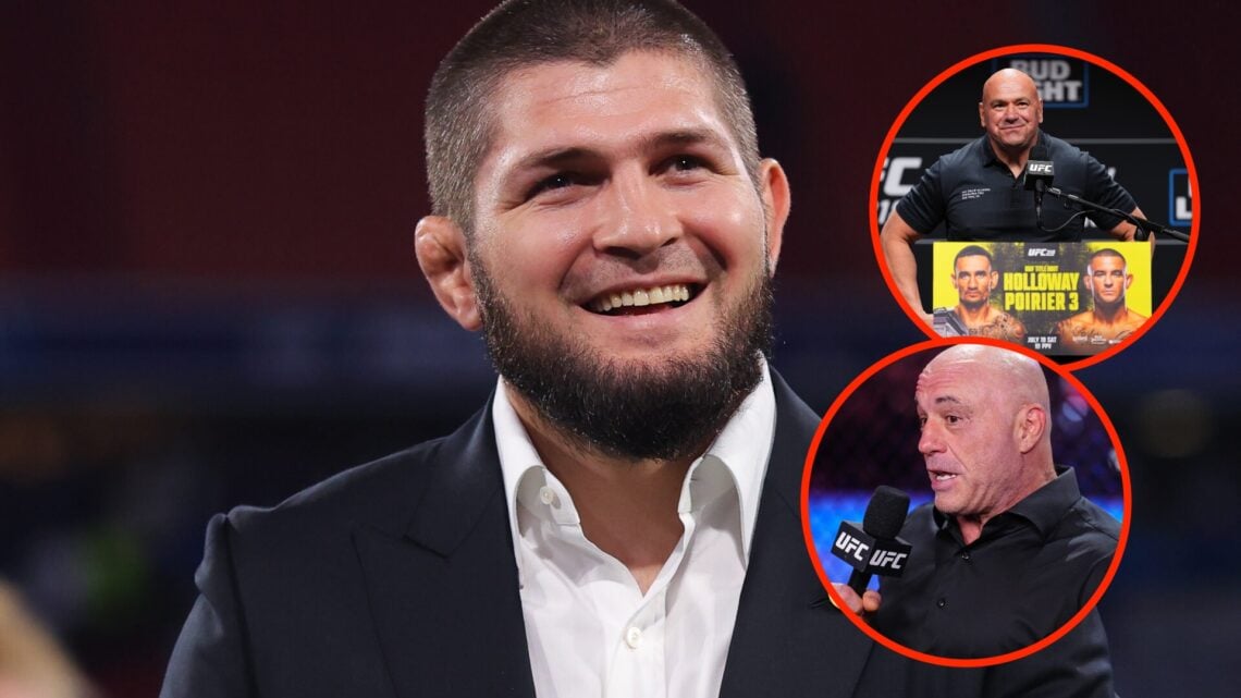 Khabib Nurmagomedov in attendance at the Champions League Final with insets of Dana White during the UFC 318 press conference and Joe Rogan speakin...