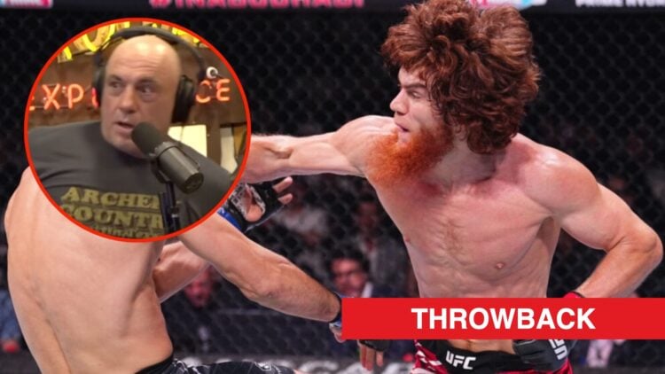 Shara Magomedov punches Armen Petrosyan at UFC 308, inset screenshot of Joe Rogan looking shocked.