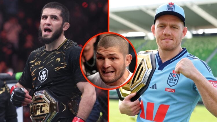 Islam Makhachev celebrating his UFC 311 win split with Jack Della Maddalena posing with his UFC title with an inset of Khabib Nurmagomedov coaching...