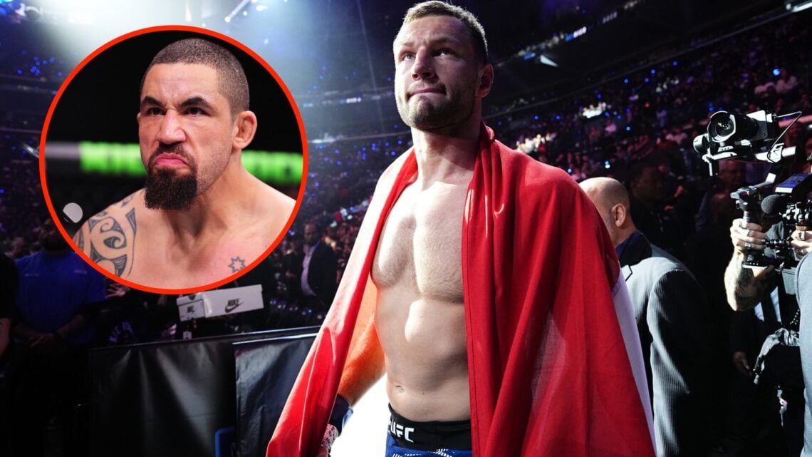 Reinier De Ridder walking out for his UFC 311 fight against Kevin Holland with an inset of Robert Whittaker moments before his UFC 308 fight agains...