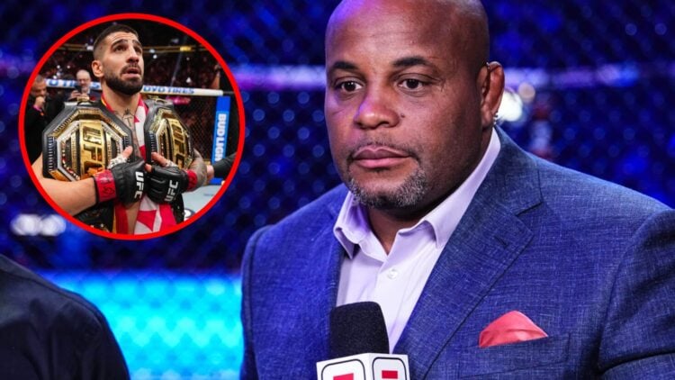 Daniel Cormier looks on during the UFC 309 broadcast at Madison Square Garden, inset Ilia Topuria celebrates his UFC 317 win by holding two UFC belts