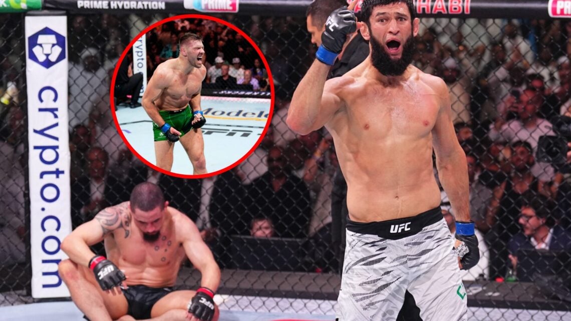 Main: Khamzat Chimaev celebrates after submitting Robert Whittaker in their fight at UFC 308. Inset: Dricus du Plessis celebrating UFC 290 win over...