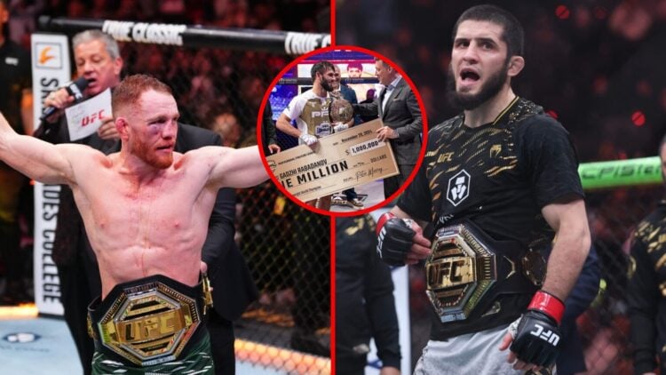 Right photo shows Islam Makhachev after UFC 311 with his belt. Left photo shows Jack Della Maddalena with the UFC belt after UFC 315. Bubble in cen...