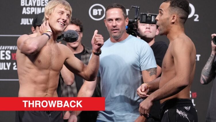 Paddy Pimblett faces off with Jordan Leavitt ahead of their fight at a 2022 UFC Fight Night in London.