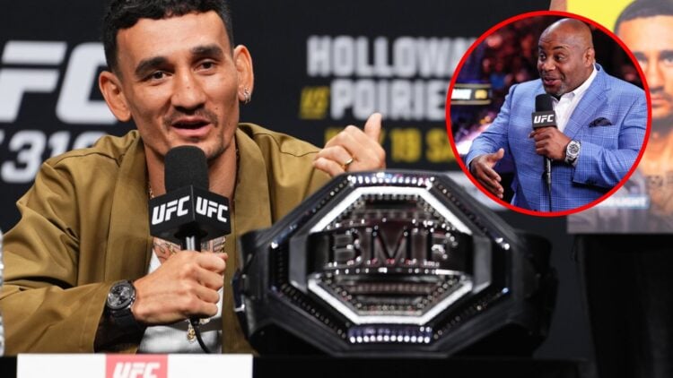 Main: Max Holloway speaks on stage alongside his BMF title at the UFC 318 press conference. Inset: Color commentator Daniel Cormier speaks during t...