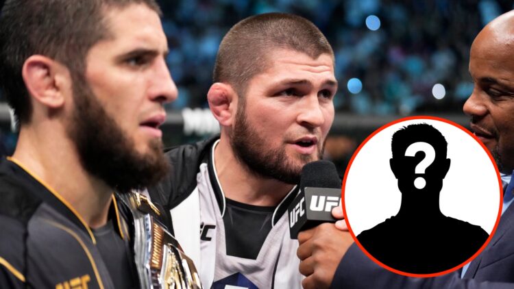 Khabib Nurmagomedov talks to Daniel Cormier following Islam Makhahcev's win at UFC 280 with an inset of a mystery fighter