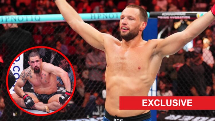 Reinier de Ridder celebrates after stopping Bo Nickal at UFC Des Moines, inset Robert Whittaker reacts to his UFC 308 loss to Khamzat Chimaev with ...