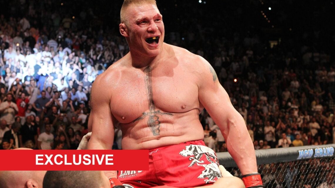 Brock Lesnar climbs the cage, with a bloodied face, as he celebrates his win over Shane Carwin at UFC 116, with a red rectangle labeled "exclusive"...