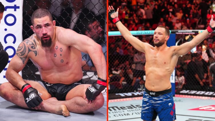 Robert Whittaker moments after his UFC 308 loss to Khamzat Chimaev and Reinier de Ridder celebrates after beating Bo Nickal by TKO