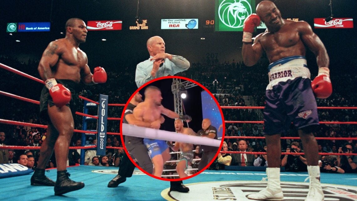 Main: Evander Holyfield holds his ear after being bit by Mike Tyson during their 1997 boxing title fight. Inset: A brawl breaks out at MaxFight 62 ...