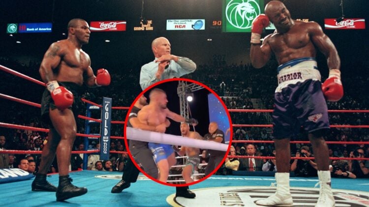 Main: Evander Holyfield holds his ear after being bit by Mike Tyson during their 1997 boxing title fight. Inset: A brawl breaks out at MaxFight 62 ...