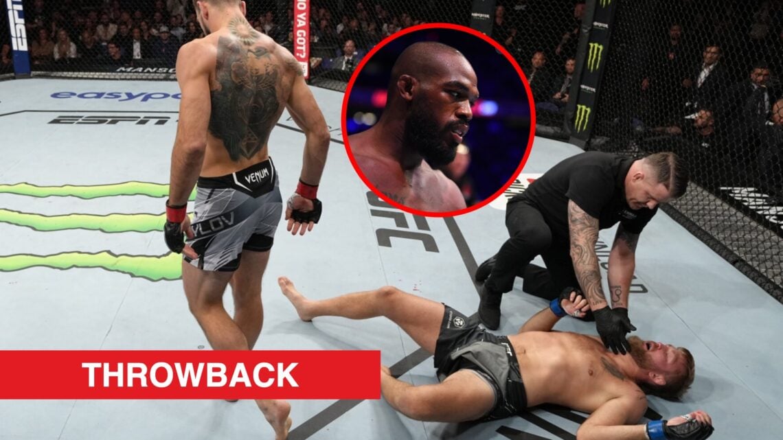 Main: Nikita Krylov knocks out Alexander Gustafsson during their fight at UFC London in 2022. Inset: Jon Jones inside the cage for his fight agains...