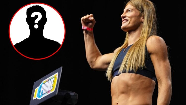 UFC flyweight Manon Fiorot poses on the scale during the UFC 315 ceremonial weigh-in, inset mystery