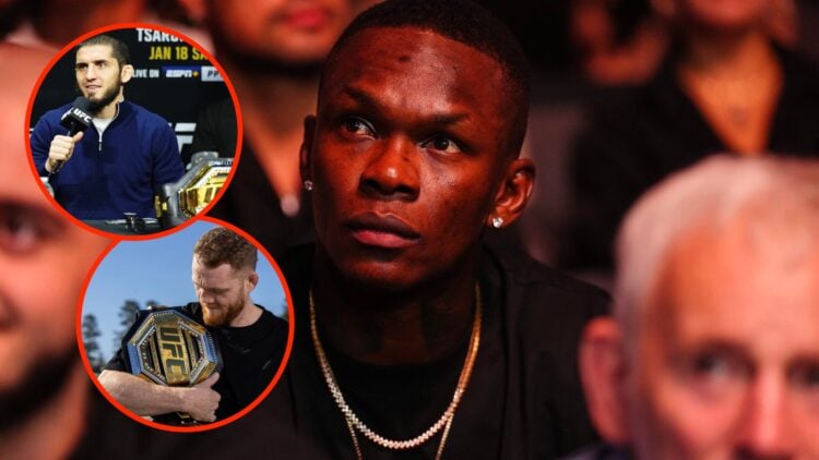 Israel Adesanya in attendance at UFC 317 with an inset of Islam Makhachev during the UFC 311 press conference and Jack Della Maddalena posing with ...