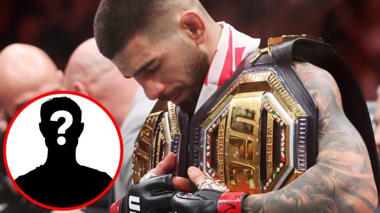 Ilia Topuria looks on while holding two UFC belts after beating Charles Oliveira at UFC 317, inset mystery icon