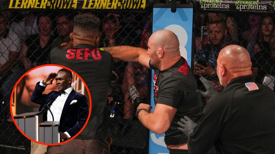 Sean Strickland storms the cage and gets involved in brawl at Tuff-N-Uff 145 with an inset of Israel Adesanya during the UFC Hall of Fame Ceremony ...