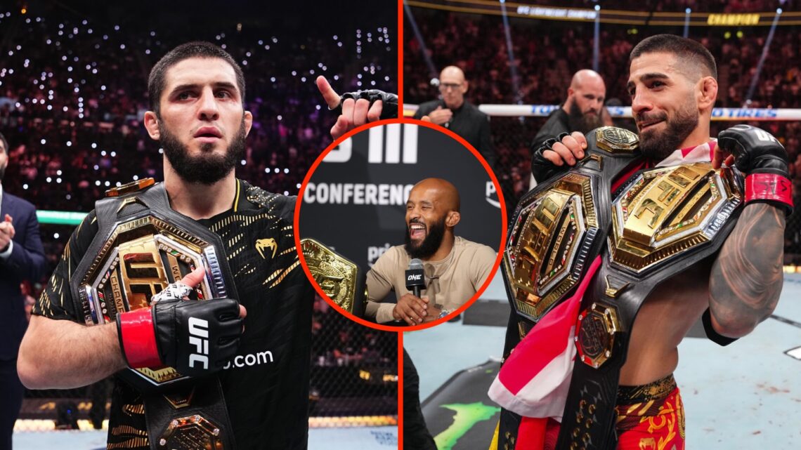 Islam Makhachev celebrates following his UFC 311 win split with Ilia Topuria holding up two UFC belts following his UFC 317 win with an inset of De...