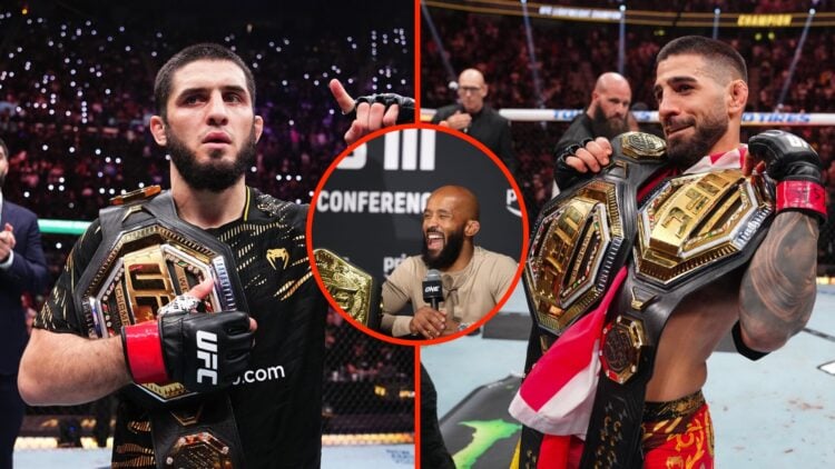Islam Makhachev celebrates following his UFC 311 win split with Ilia Topuria holding up two UFC belts following his UFC 317 win with an inset of De...
