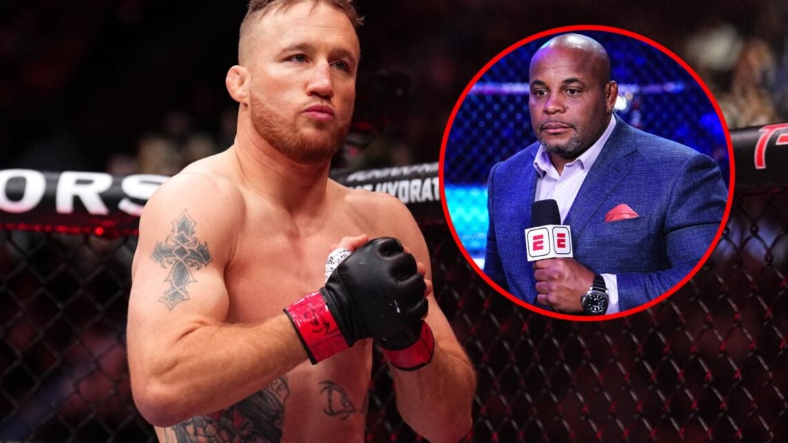 Main: Justin Gaethje enters the cage for his fight against Rafael Fiziev at UFC 313. Inset: Daniel Cormier during the UFC 309 broadcast.