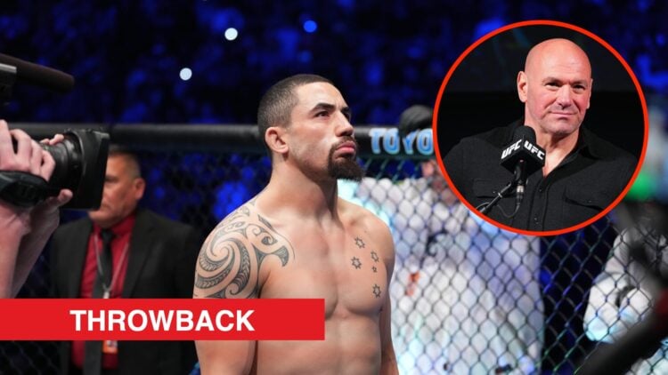 Robert Whittaker moments before his UFC 271 fight against Israel Adesanya with an inset of Dana White at the UFC 297 press conference