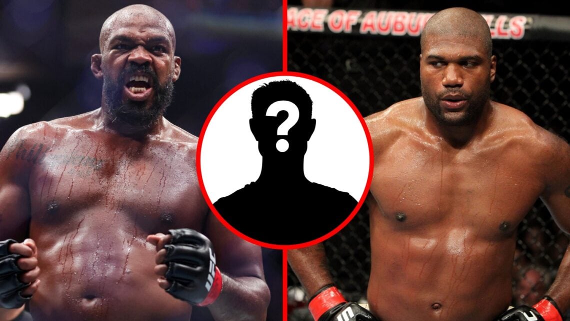Jon Jones celebrates after stopping Stipe Miocic at UFC 309, Quinton 'Rampage' Jackson looking on during his UFC 123 fight with Lyoto Machida, inse...
