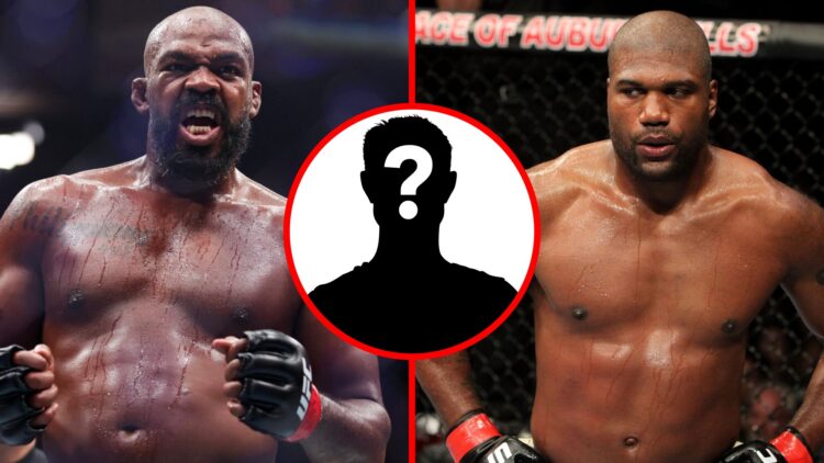 Jon Jones celebrates after stopping Stipe Miocic at UFC 309, Quinton 'Rampage' Jackson looking on during his UFC 123 fight with Lyoto Machida, inse...