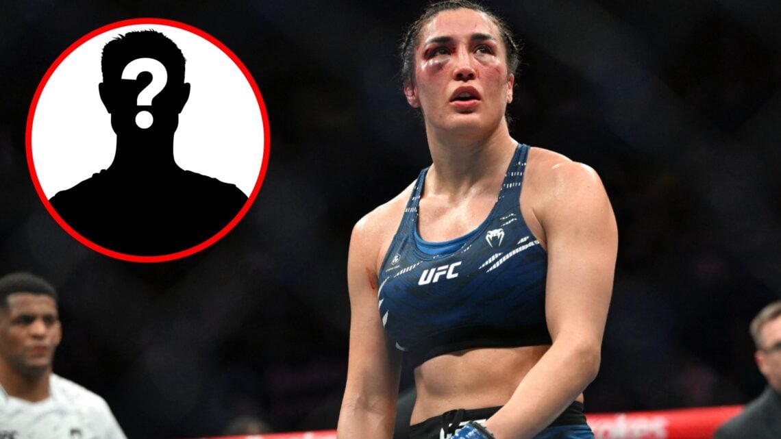 Tatiana Suarez reacts to her UFC 312 defeat to Zhang Weili, inset mystery icon