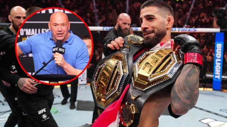 Main: Ilia Topuria celebrates with his two titles after defeating Charles Oliveira at UFC 317. Inset: Dana White on stage at the UFC 299 press conf...