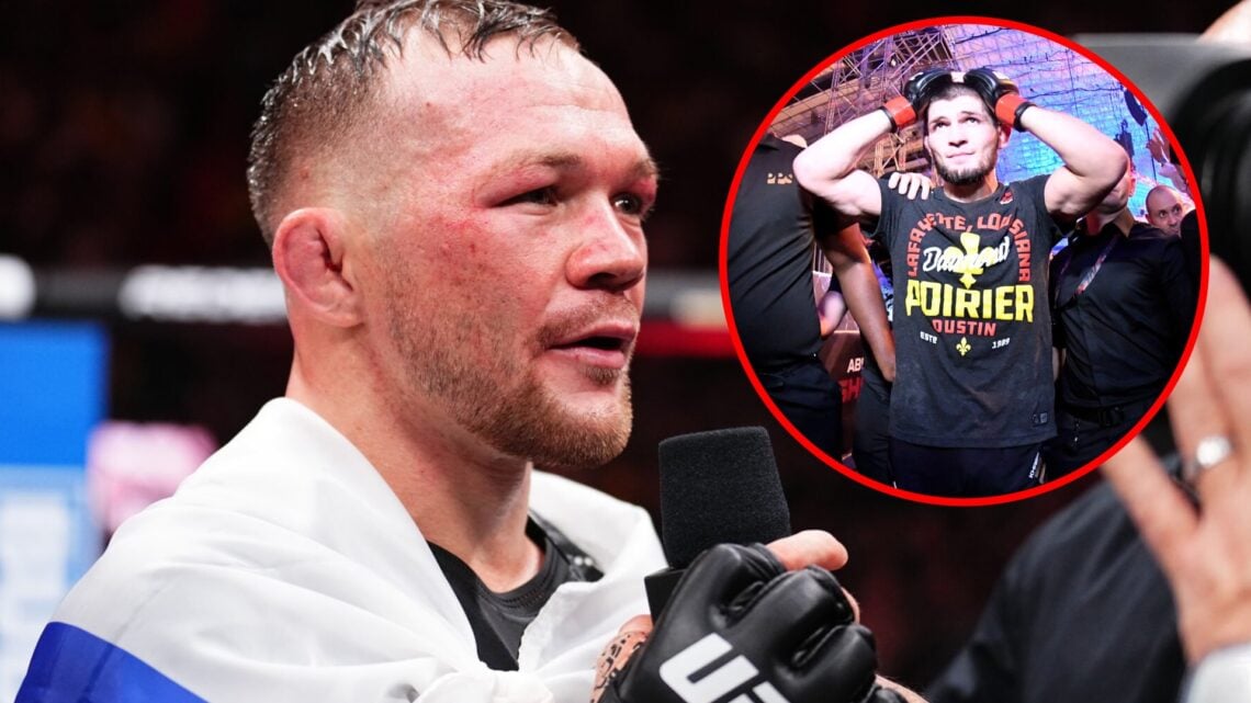 Main: Petr Yan is interviewed inside the Octagon after his win over Song Yadong at UFC 299. Inset: Khabib Nurmagomedov leaves the cage after submit...