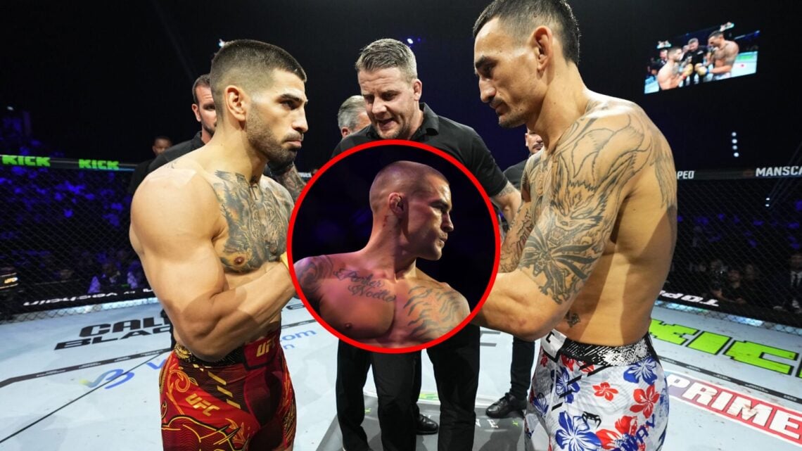 Ilia Topuria facing off with Max Holloway at UFC 308, with overlay of Dustin Poirier at UFC 318