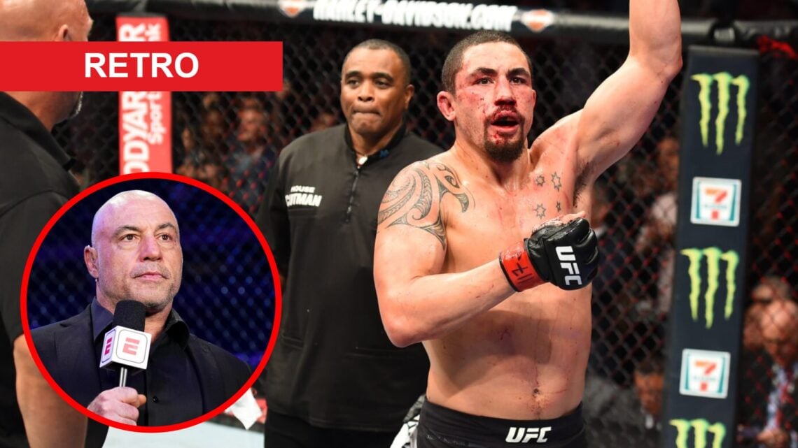 Robert Whittaker raises his hand after facing Yoel Romero at UFC 225, inset Joe Rogan speaks during UFC 309 with an ESPN mic in his hand, retro banner