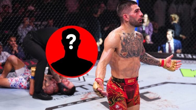 Ilia Topuria celebrating KO over Max Holloway at UFC 308, with mystery inset