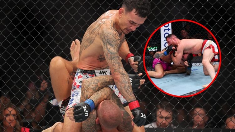 Main: Max Holloway throws a ground strike at Dustin Poirier during their fight at UFC 318. Inset: Merab Dvalishvili submits Sean O'Malley with a ch...