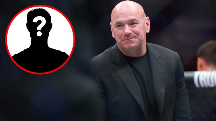 Dana White inside the Octagon at UFC 312, inset mystery icon
